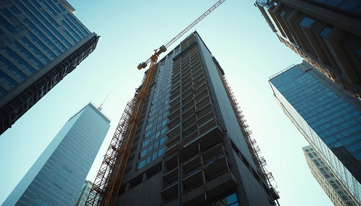 Eye-level view of a high-rise building under construction with cranes and scaffolding