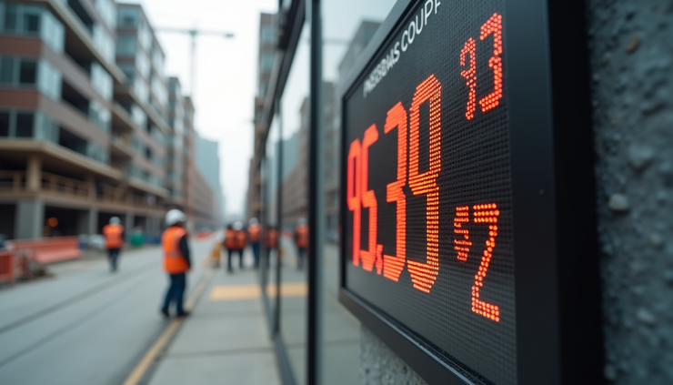 Eye-level view of a construction site with fluctuating material prices displayed on a board