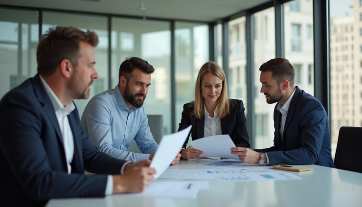 High angle view of a cost engineer discussing project budget with team members