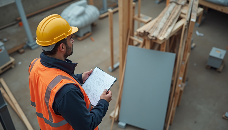 High angle view of estimator taking notes on construction site