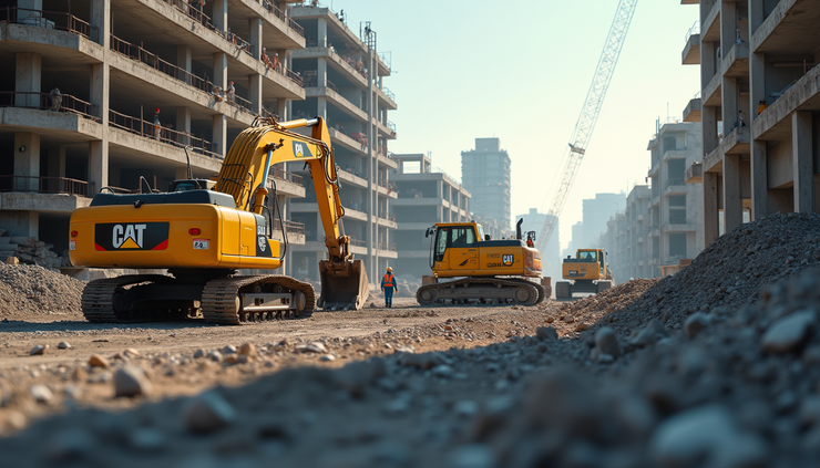 Eye-level view of a construction site showing workers and machinery actively building a structure