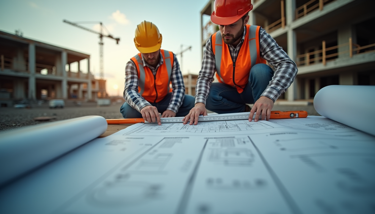 Eye-level view of a construction site with workers reviewing blueprints and measurement tools