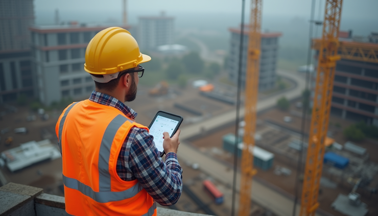 High angle view of a quantity surveyor inspecting construction progress on site