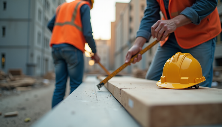 Eye-level view of a construction site with workers measuring materials