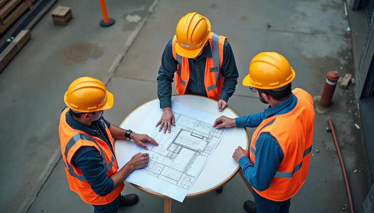 High angle view of construction workers reviewing project plans on site