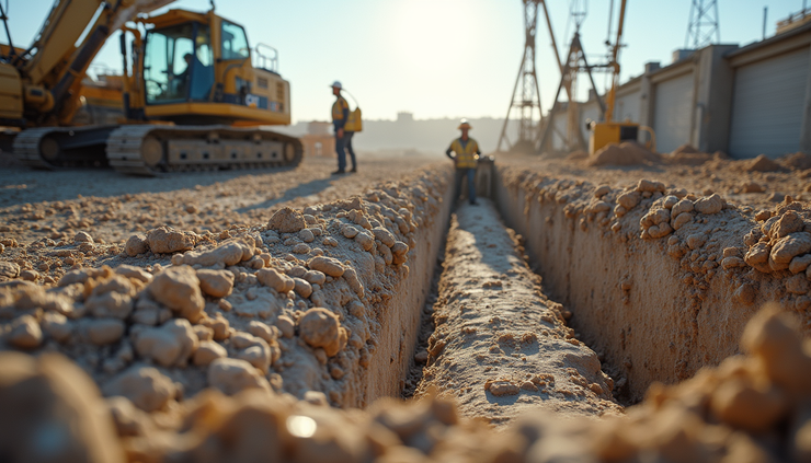 Eye-level view of a construction site showing foundation work with machinery and workers