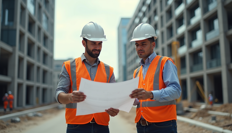 Eye-level view of a construction site with surveyors reviewing blueprints