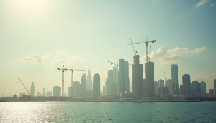 Eye-level view of a modern Gulf city skyline with ongoing construction projects
