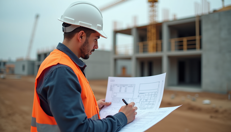 Eye-level view of an estimation engineer reviewing blueprints and calculations on a construction site