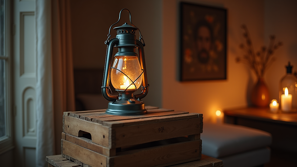 Close-up view of vintage lantern with candle inside on wooden crate