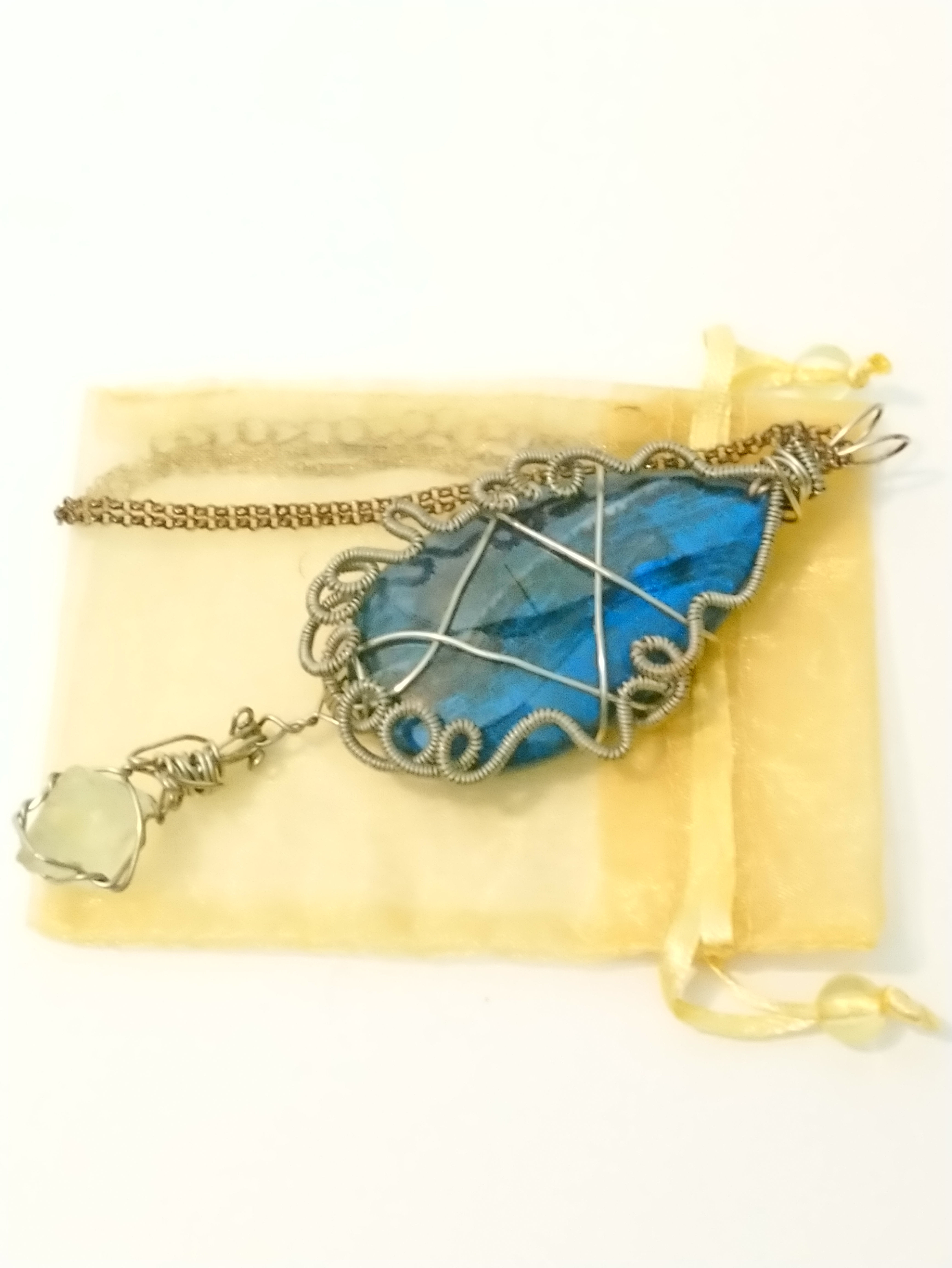 Blue Interstellar Natural Stone Agate Wire Wrapped in Aged Copper Wire Necklace