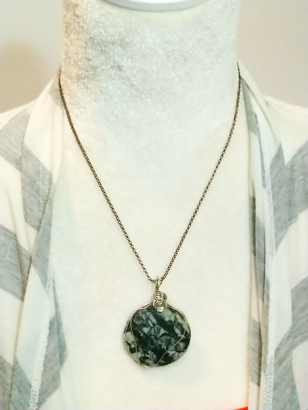 Thumbnail: Moss Agate Natural Stone Silver Wire Wrapped Necklace Pendant