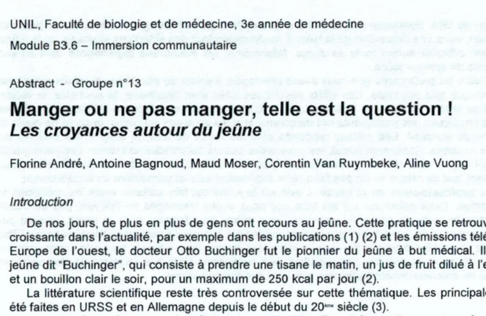 CHUV Congrès IMCO, 5-7 juillet, 5 futurs médecins ont présentés leurs travaux sur le jeûne