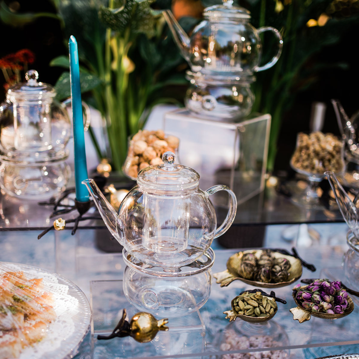 Elegant Persian tea station with samovar, sweets and floral styling by Parisa Design