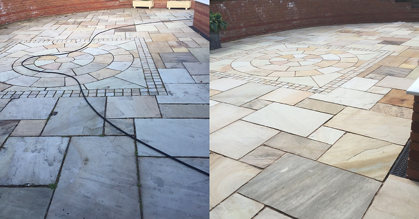 before and after image of a freshly cleaned patio by Staybrite in Stoke on Trent