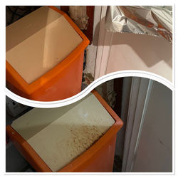Split image comparison of a dirty stained lid versus a clean white lid on an orange plastic bin