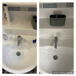 Before and after comparison of a stained white bathroom sink and chrome tap showing deep cleaning results