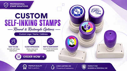 Self-inking stamp image shows ready-to-use options, matching homepage content about fast, quality custom stamp services.