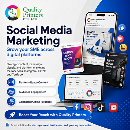 Social media image shows platform-ready campaigns, matching homepage content about engagement, online presence, SME growth.