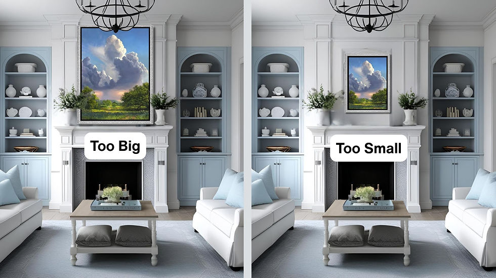 the same living room side by side showing a layne Johnson painting in one image too small and another too big