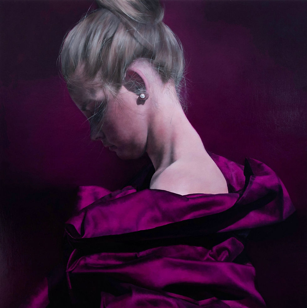 fare skin girl side profile looking down wearing a purple satin dress