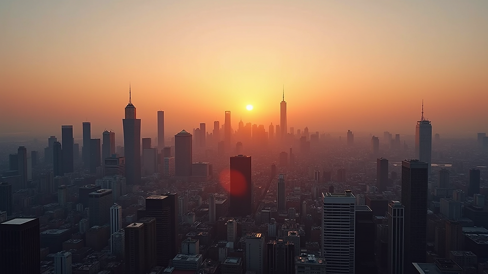 High angle view of a sprawling city skyline at sunset