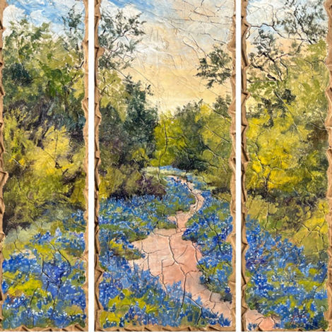 Mixed media artwork with a cracked surface resembling a mosaic with a trail and wildflowers leading to the woods