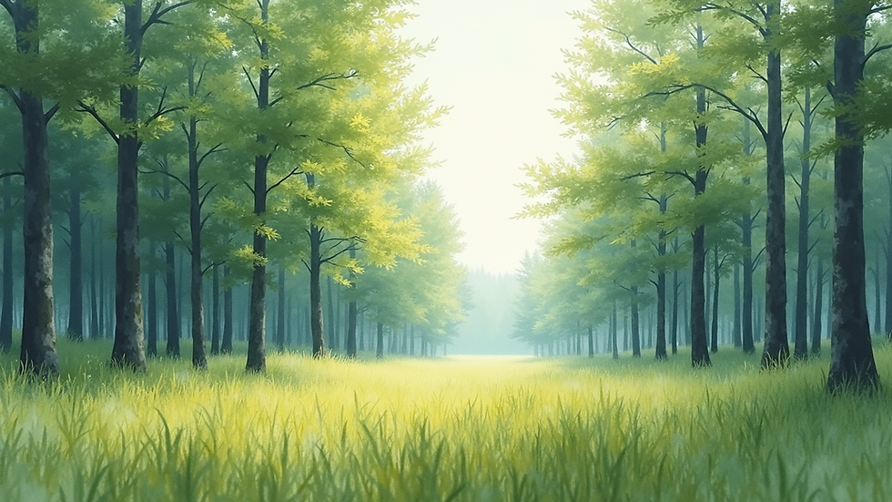 Eye-level view of a watercolor painting of a forest landscape