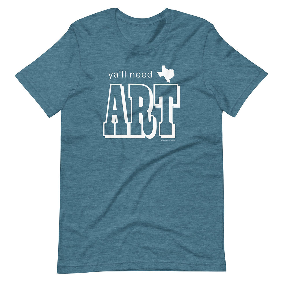 Miniatura: Blue t-shirt that says Y'all Need Art with the state of Texas cutout in white lettering