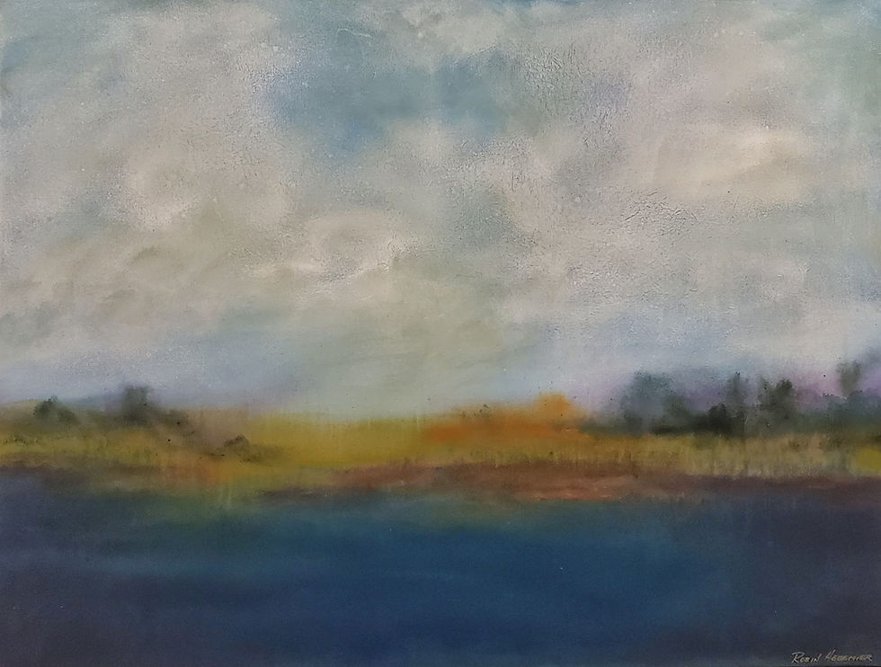 Serene landscape painting: subtle colors, calm water, and peaceful sky.