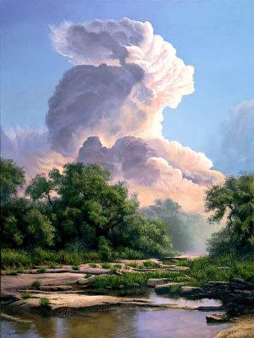 Cloud painting over a river by artist Layne Johnson