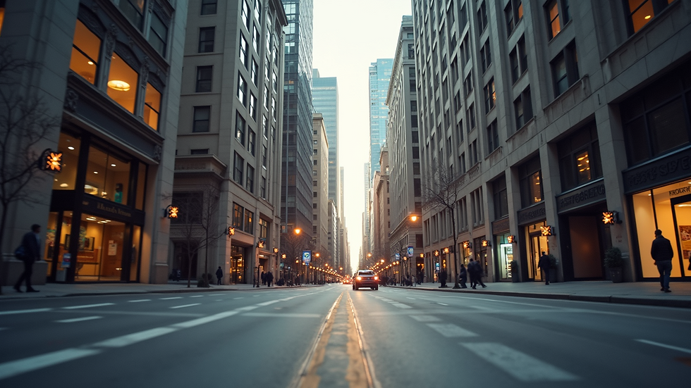 Eye-level view of a vibrant city street with tall buildings