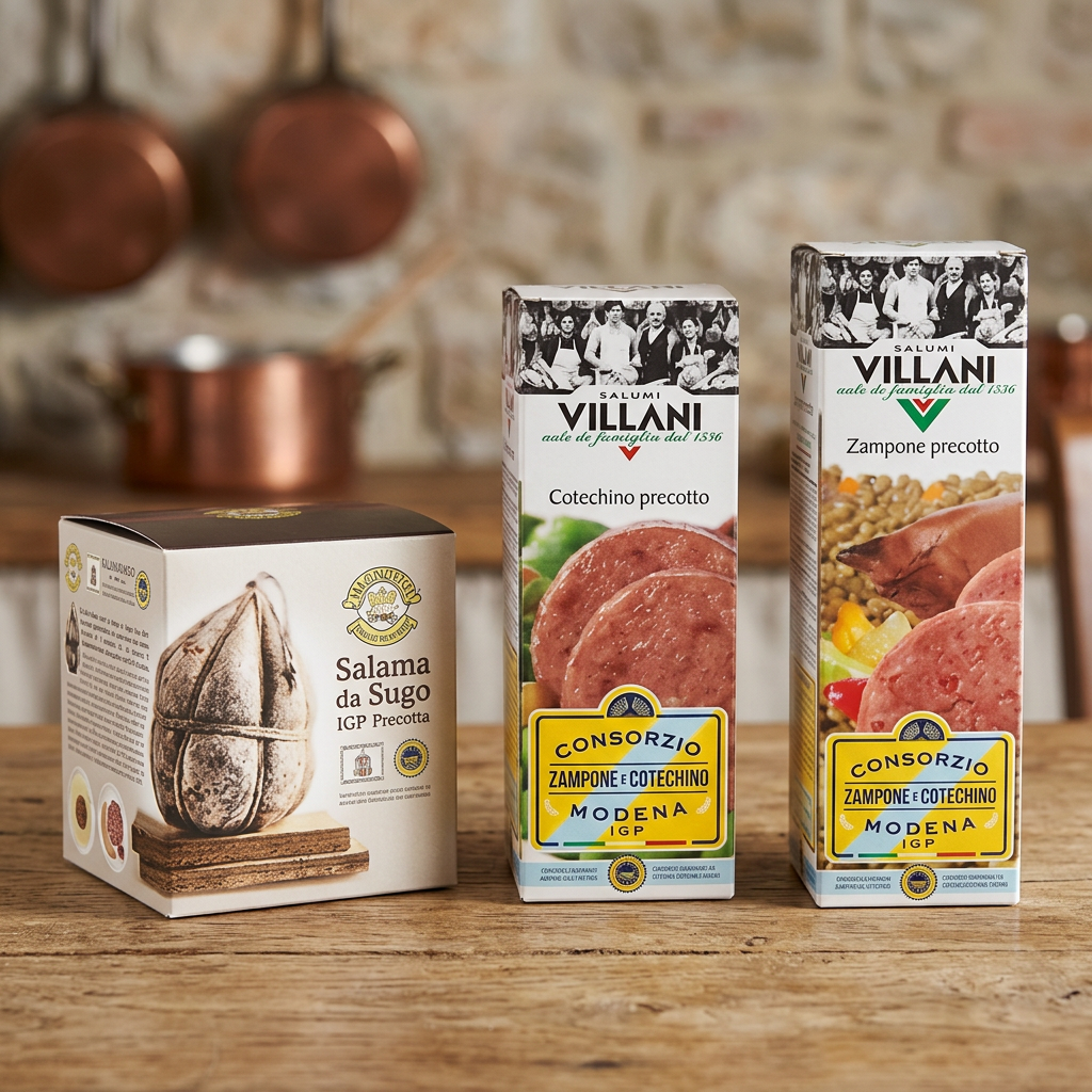 Sélection de charcuteries précuites : salami pour sauce, zampone, cotechino