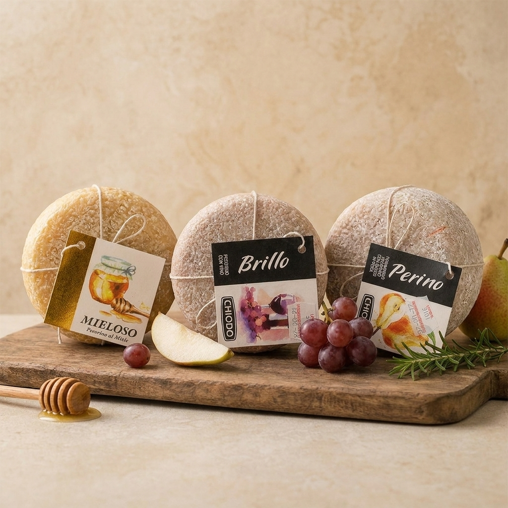 Trio av Pecorino-ostar lagrade i vin, päron och honung