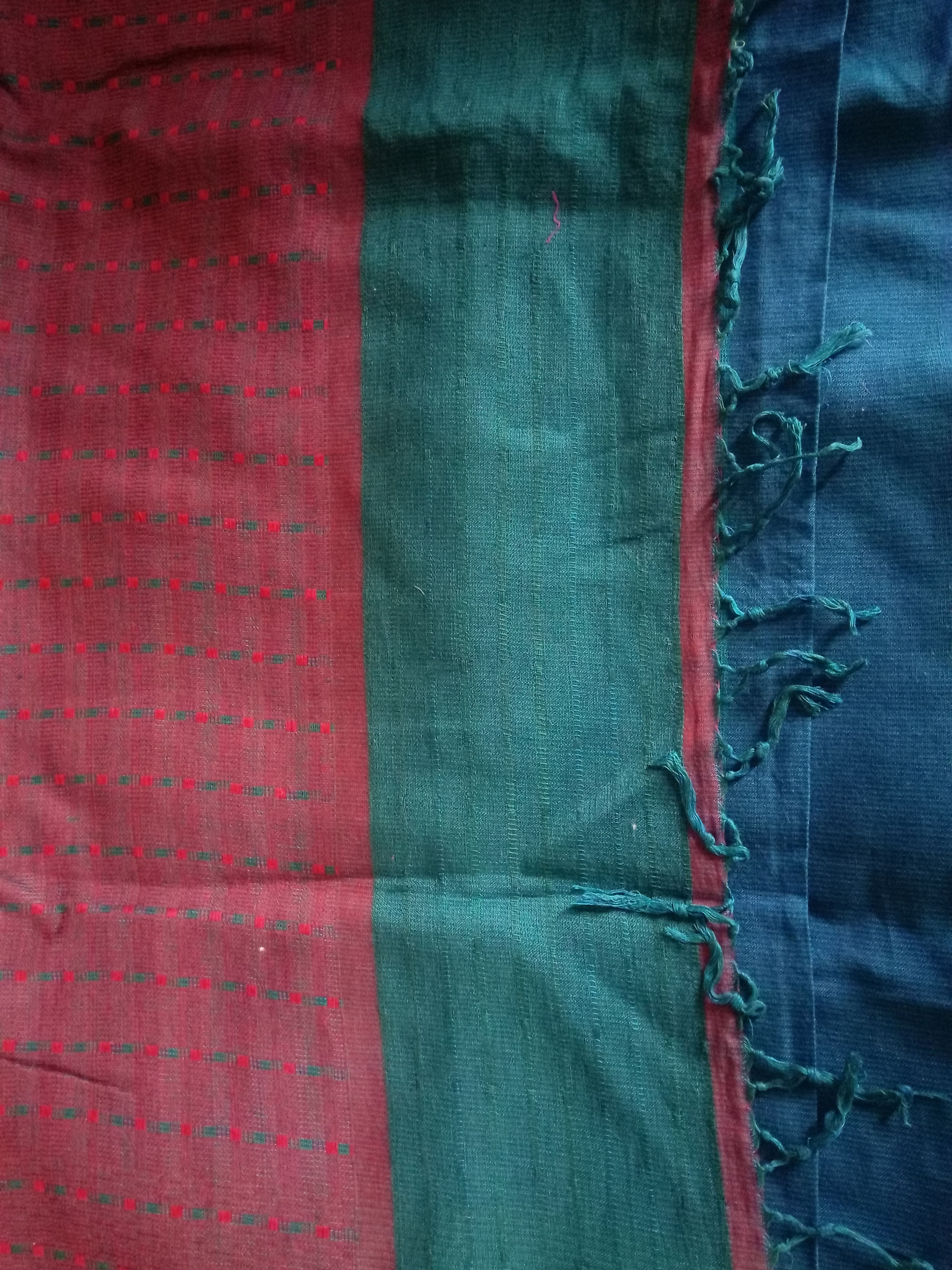 Blue-green  Srilankan cotton Saree with contrast red pallu and border
