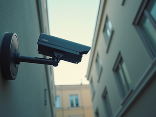 Câmera de segurança instalada em um prédio, monitorando a área entre edifícios para garantir segurança e vigilância contínuas.