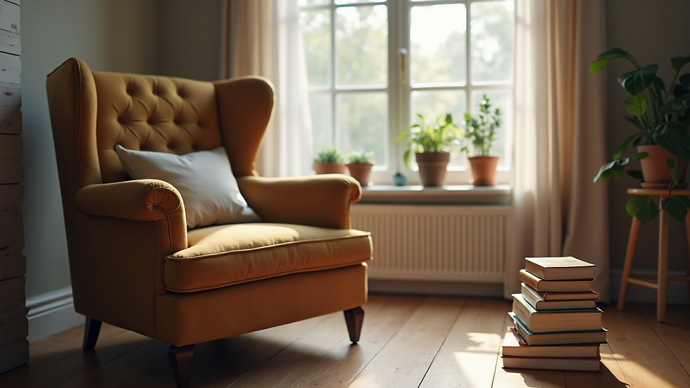 Wide angle view of a cozy living room with a comfy chair and a stack of books