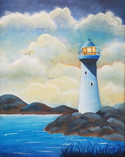 Oil Painting, Lighthouse, Architecture, Ocean, Rocks by the Sea, Navy Sky, Rainbow Clouds