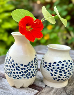 set of two handmade porcelain mini vases with hand carved design in blue and white