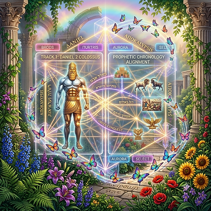 An interactive prophecy chart showing the side-by-side chronological alignment of the Daniel 2 metal statue and the Daniel 7 prophetic beasts within a classical garden setting.