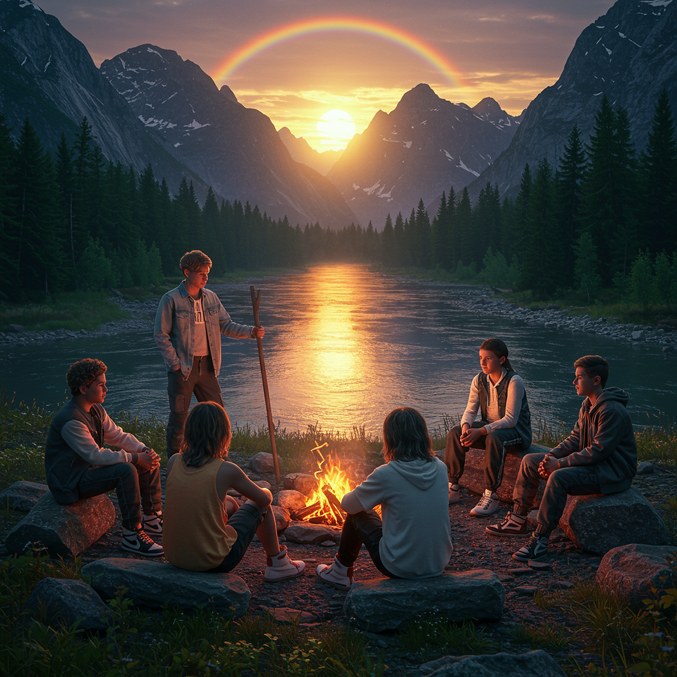 Teenagers around an outdoor firepit overlooking and at the end of a most beautiful wide river surrounded by huge lush green pine trees
