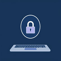 Ordinateur portable bleu avec un cadenas violet flottant au-dessus, symbole de sécurité numérique. Fond bleu uni.
