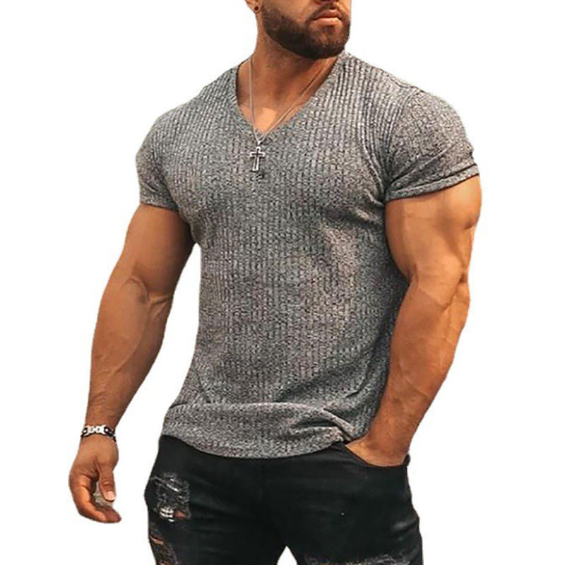 Mens V Neck Short Sleeve T Shirt Fitness Slim Fit Sports T-shirt Solid Fashion S