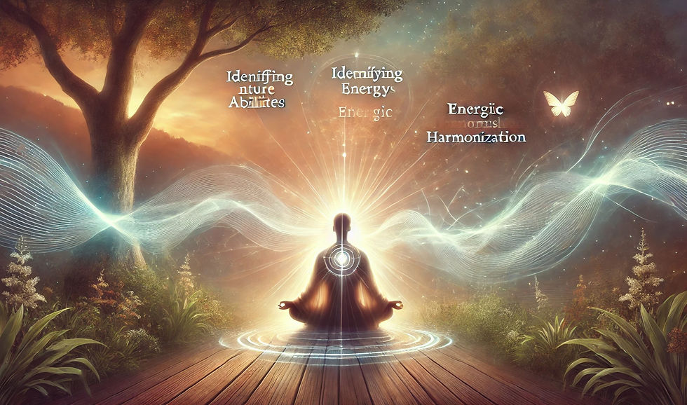 Personne en méditation entourée d'énergie subtile, symbolisant l’accompagnement d’un médium pour l'identification des dons innés et l'harmonisation énergétique.