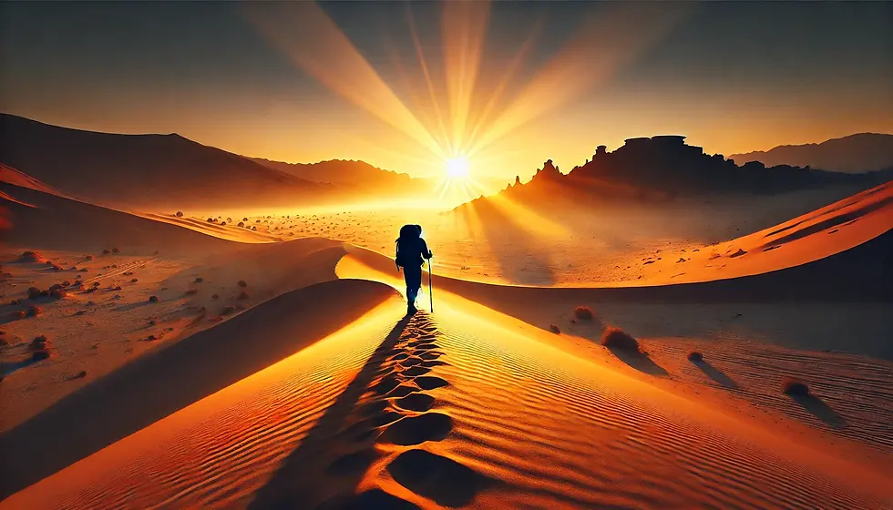 Un paysage désertique avec un randonneur au lever du soleil, illustrant l’impact spirituel et le silence transformateur du trekking en pleine nature.