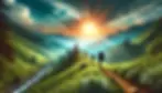 Un paysage vallonné avec deux randonneurs et un soleil lumineux, représentant les expériences transformatrices et les anecdotes spirituelles liées au trekking.