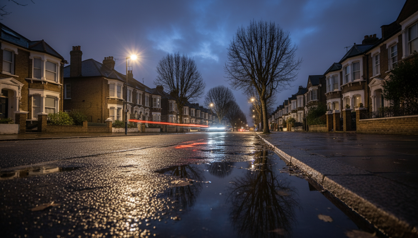 A deserted south London suburban street at night, after a rain shower.