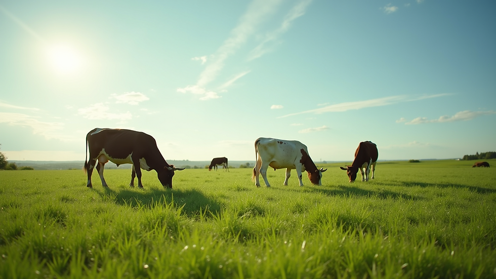 Wide angle view of a lush green pasture with grazing cattle