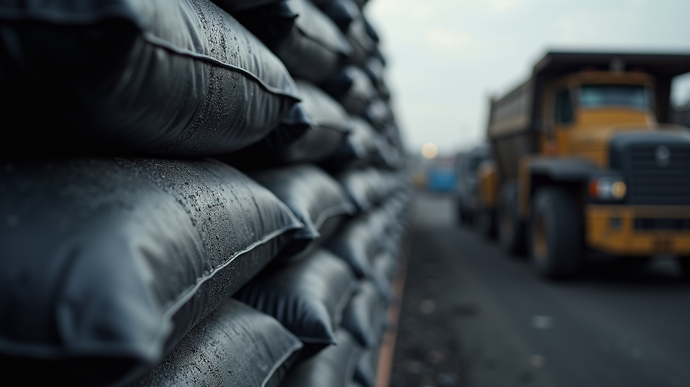 Close-up view of coal bags stacked neatly for delivery