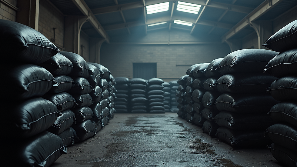 High angle view of coal bags stacked in a warehouse ready for delivery